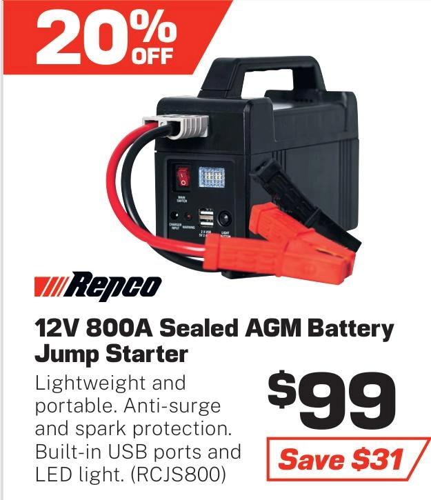 Repco 12V 800A Sealed AGM Battery Jump Starter - RCJS800