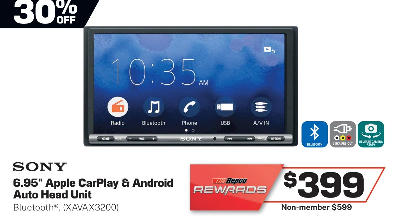 Sony 6.95 Inch Touchscreen Apple CarPlay/Android Auto Head Unit - XAVAX3200