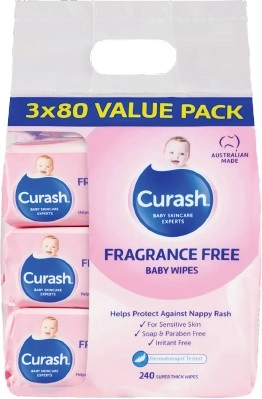 Curash Baby Fragrance Free 3 x 80 Baby Wipes