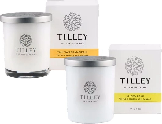 Tilley Scented Soy Candle Tahitian Frangipani or Spiced Pear 240g