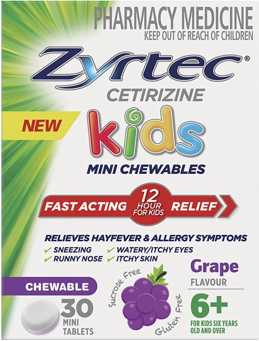 Zyrtec Kids Fast Acting Allergy & Hayfever Relief Grape 30 Chewable Tablets