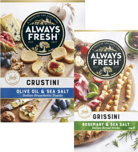 Always Fresh Grissini or Crustini Crackers 120g-125g