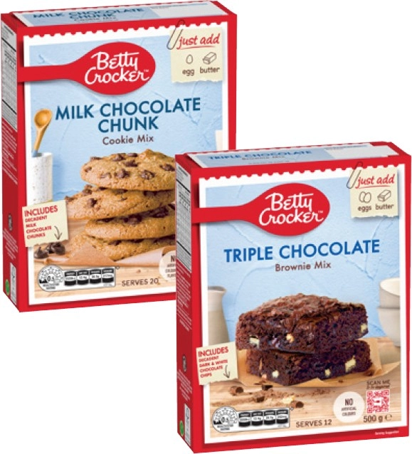 Betty Crocker Baking Triple Choc Brownie 500g or Milk Choc Cookie Mix 485g