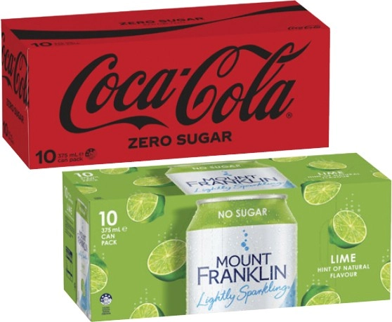 Coca-Cola Soft Drink or Mt Franklin Sparkling Water 10x375mL