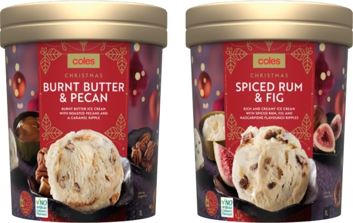 Coles Christmas Burnt Butter, Pecan & Caramel Swirl Ice Cream or Spiced Rum, Fig & Mascarpone Ice Cream 1 Litre