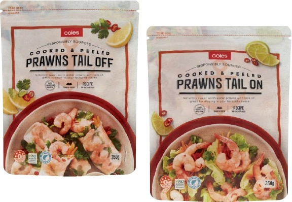 Coles Cooked & Peeled Prawns Tail On or Tail Off 350g