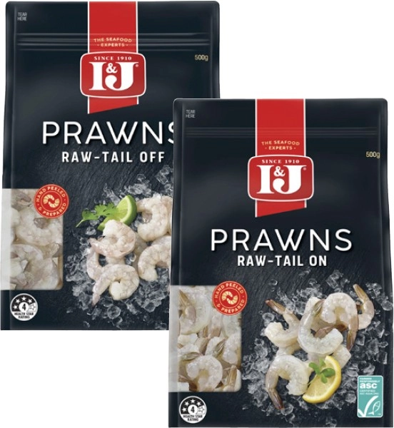 I&J Raw Prawns Tail On or Off 500g