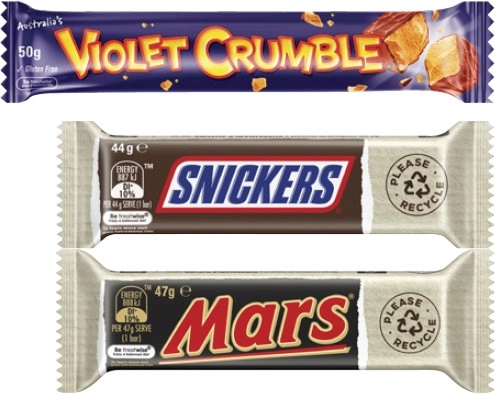 Mars Chocolate Bar 30g-56g or Violet Crumble Chocolate Bar 50g