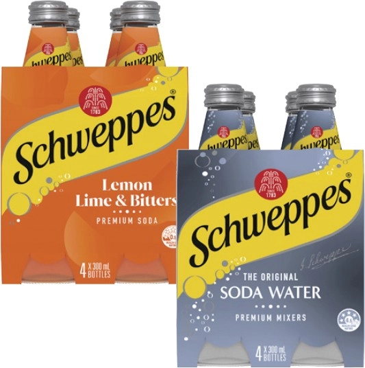 Schweppes Mixers, Soft Drink or Mineral Water 4x300mL