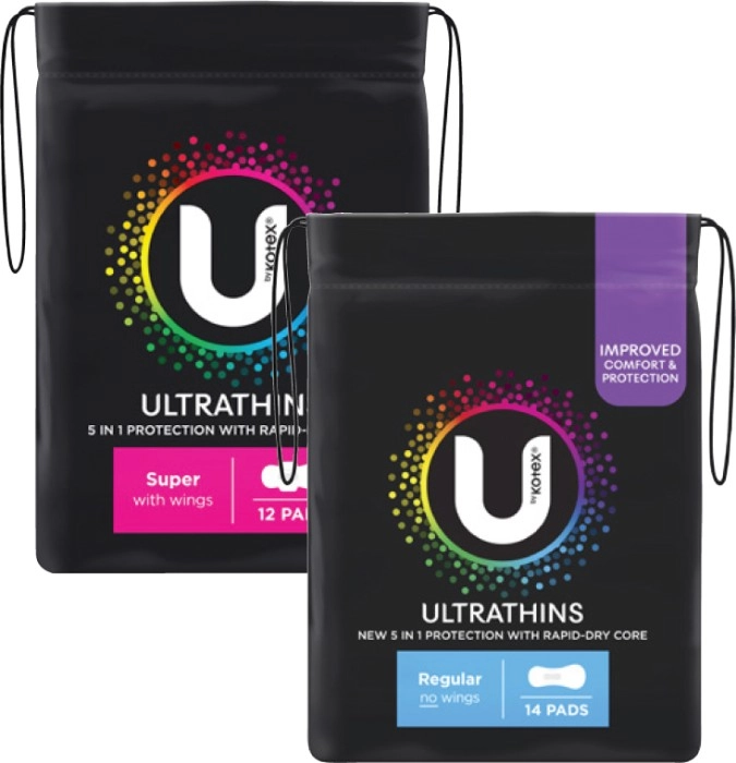 U By Kotex Ultra Thin Pads With Wings Regular 14 Pack or Super 12 Pack