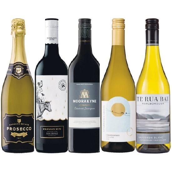 Cormack Estate KV Prosecco, Karma’s Run Shiraz, Moorakyne Cabernet Sauvignon, Sparrows Moon Chardonnay, OR Te Rua Bay Sauvignon Blanc 750ml