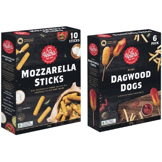 Keith’s Foods Mini Dagwood Dogs 270g or Mozzarella Sticks 235g – From the Freezer