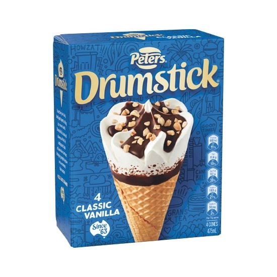 Peters Drumstick Ice Cream 475-490ml Pk 4-6 – Excludes Plant Based – From the Freezer