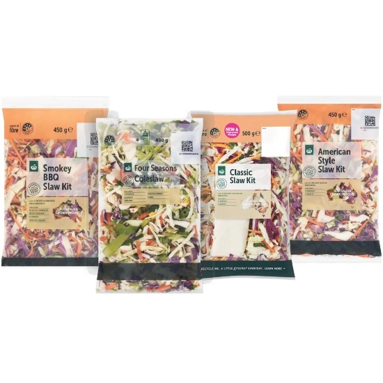 Woolworths American Style Slaw Kit 450g, Four Seasons Coleslaw 400g, Smokey BBQ Slaw Kit 450g or Classic Slaw Kit 500g Pack