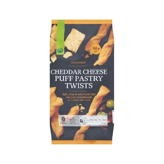 Woolworths Cheddar Cheese Puff Pastry Twists Crackers 150g