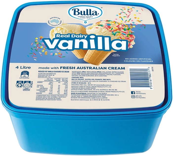 Bulla Ice Cream Vanilla Tub 4 Litre