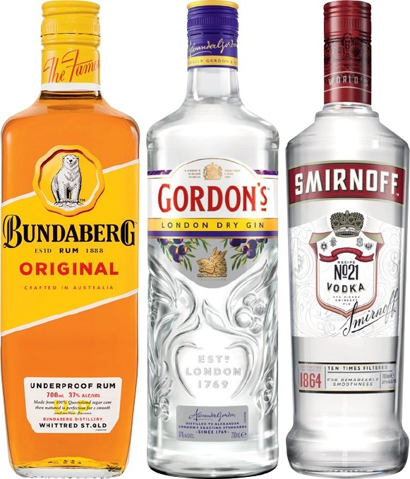 Bundaberg UP Rum, Gordon’s Dry Gin or Smirnoff Red Label Vodka 700mL