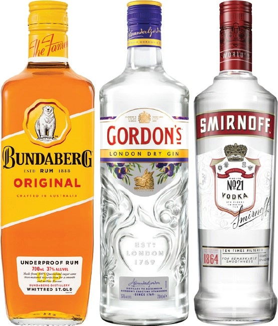 Bundaberg UP Rum, Gordon’s Dry Gin or Smirnoff Red Label Vodka 700mL