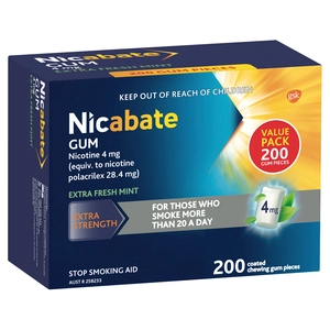 Nicabate Gum Nicotine 4mg Extra Strength Extra Fresh Mint 200 Pack