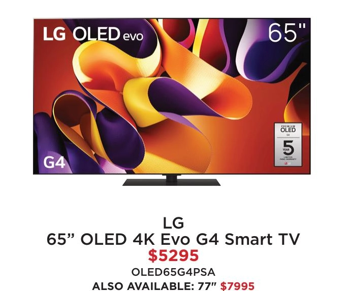 LG 65” OLED 4K Evo G4 Smart TV