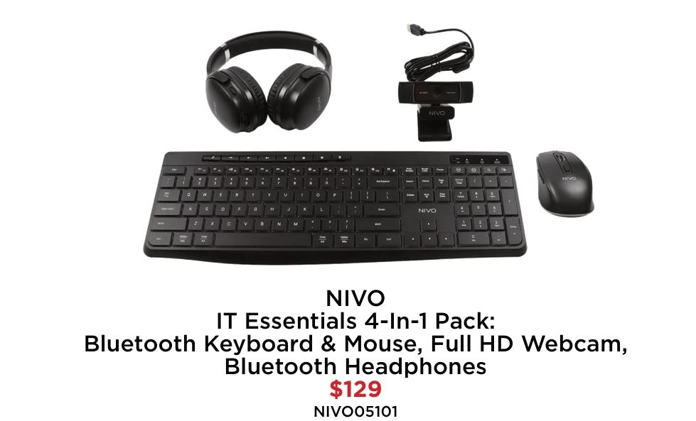 Nivo It Essentials 4-In-1 Pack: Bluetooth Keyboard & Mouse, Full HD Webcam, Headphones