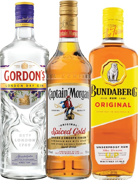 Gordon's London Dry Gin, Captain Morgan Spiced Gold or Bundaberg UP Rum 700mL