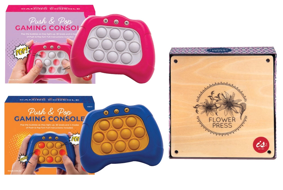 Is Gift Push & Pop Game Console Assorted or Wooden Classic Flower Press