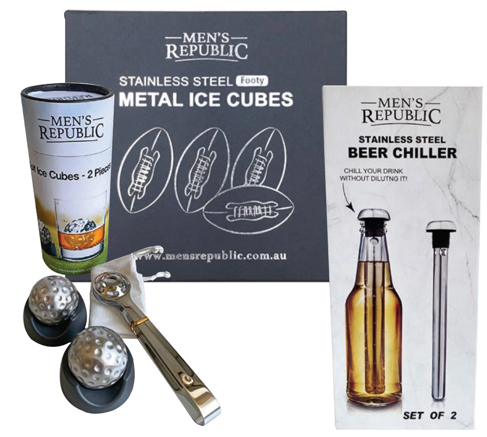 Men’s Republic Golf Ball Ice Cubes Gift Set, Footy Stainless Steel Ice Cubes or Men’s Republic Beer Chiller 2 Piece