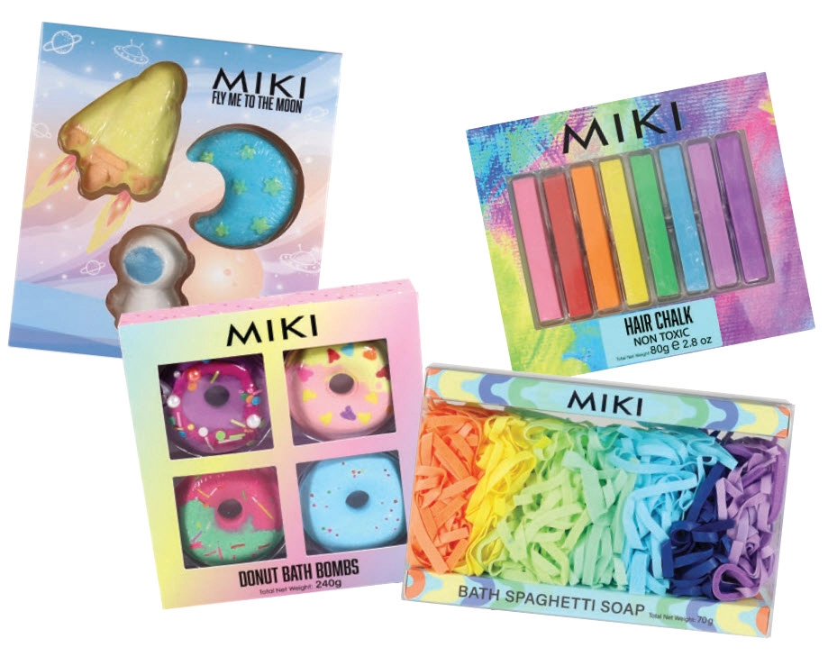 Miki Fly Me to The Moon Bath Bombs 3 Piece, Donut Bath Bombs 4 Piece, Bath Spaghetti Soap 7 Piece or Hair Chalk 8 Piece