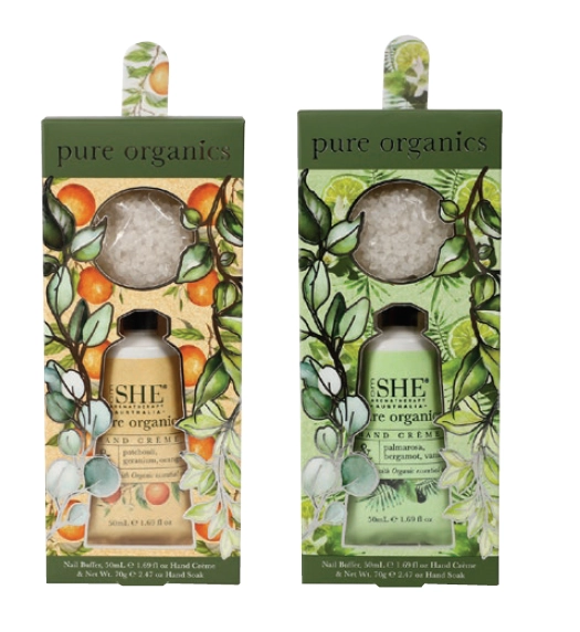 She Aromatherapy Pure Organics Hand Care Set Patchouli, Geranium & Orange or Palmarosa, Bergamot & Vanilla 3 Piece