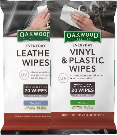 Oakwood Automotive Leather Wipes Extra Large or Vinyl & Plastic Wipes with UV Protect 20 Pack