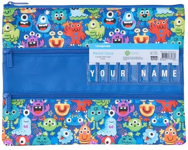 Studymate Large Triple Zip Name Pencil Case Monsters