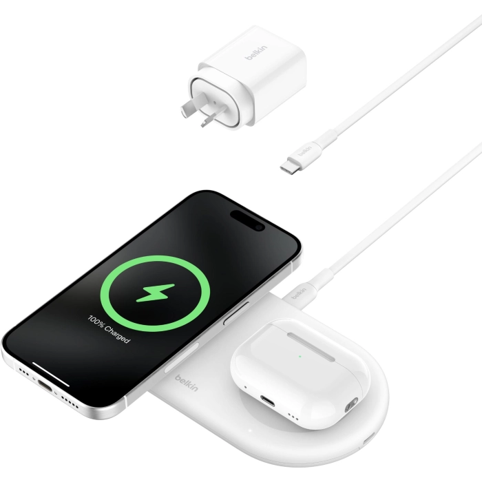 Belkin BoostCharge Pro Qi2 2-in1 Magnetic Wireless Charging Pad (White)