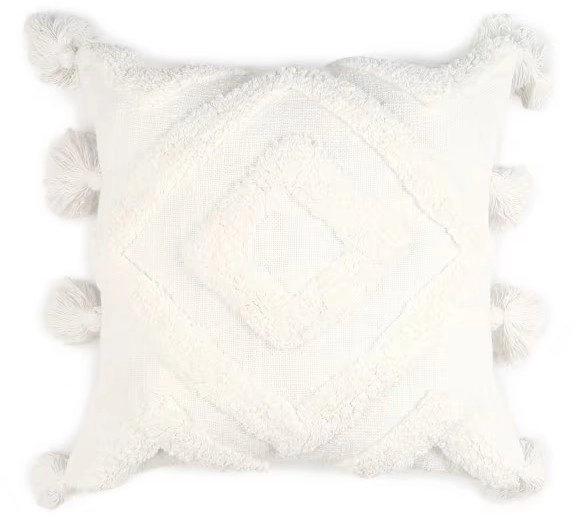 43cm Tufted Tassel Cushion - White