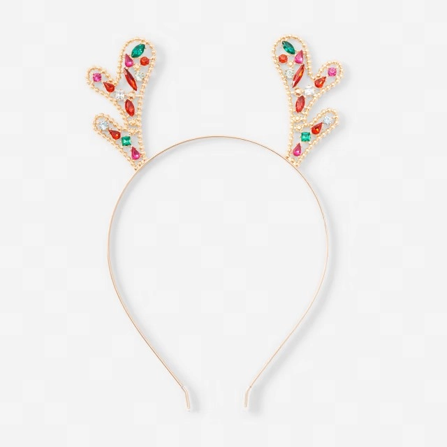 Christmas Gem Antler Headband - Gold Tone, Red and Green