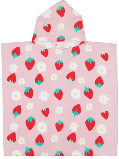 Cotton Velour Kids Hooded Beach Towel - Strawberries