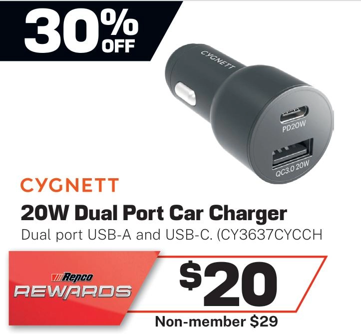 Cygnett 20W USB C Car Charger Dual Port USB-A & USB-C - CY3637CYCCH