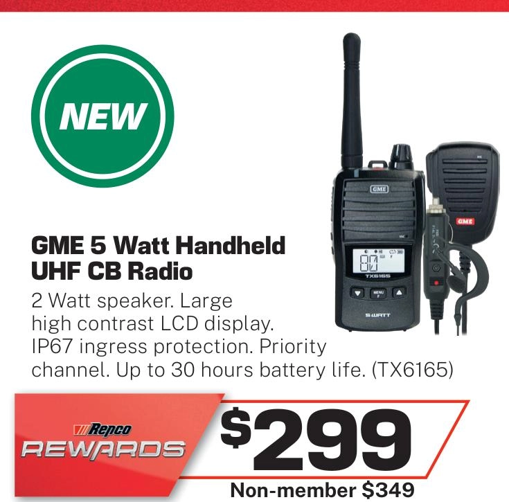 GME 5/1 Watt UHF CB Handheld Radio including Accessories - TX6165