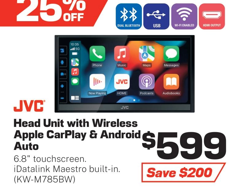 JVC Wireless Apple Carplay/Android Auto Head Unit - KW-M785BW