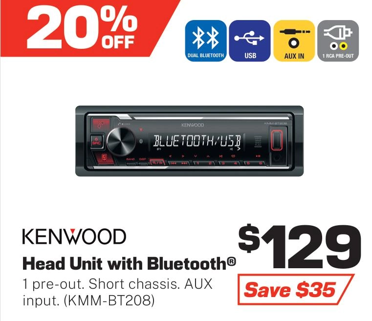 Kenwood Head Unit with Bluetooth/USB - KMM-BT208