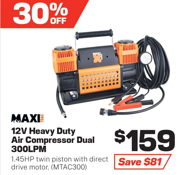 MaxiTrac 12v Heavy Duty Air Compressor Dual 300 LPM - MTAC300