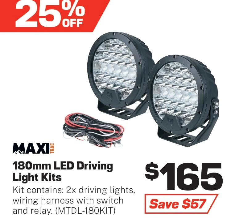 MaxiTrac 180mm LED Driving Light Kit, 13777 Lumens, Waterproof, Wiring Harness Included - MTDL-180KIT