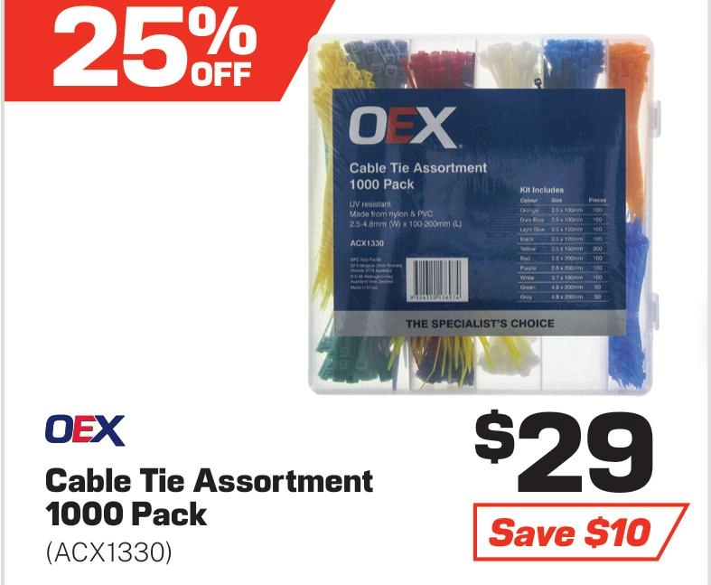 OEX Coloured Cable Tie Assortment - 1000 Pc - ACX1330