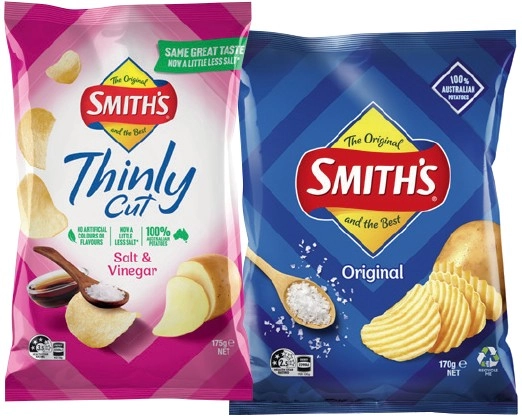 Smith’s Crinkle Cut Chips 150-170g, Double Crunch 150g or Thinly Cut 175g Selected Varieties