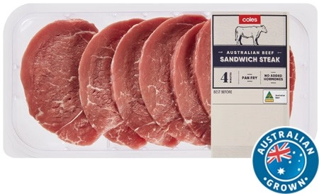 Coles Australian No Added Hormones Beef Sandwich Steak 400g