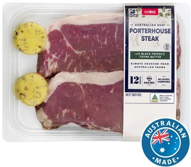 Coles Australian No Added Hormones Porterhouse Steak with Thyme & Pepper Butter 500g