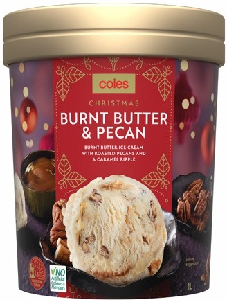 Coles Christmas Burnt Butter, Pecan & Caramel Swirl Ice Cream 1 Litre