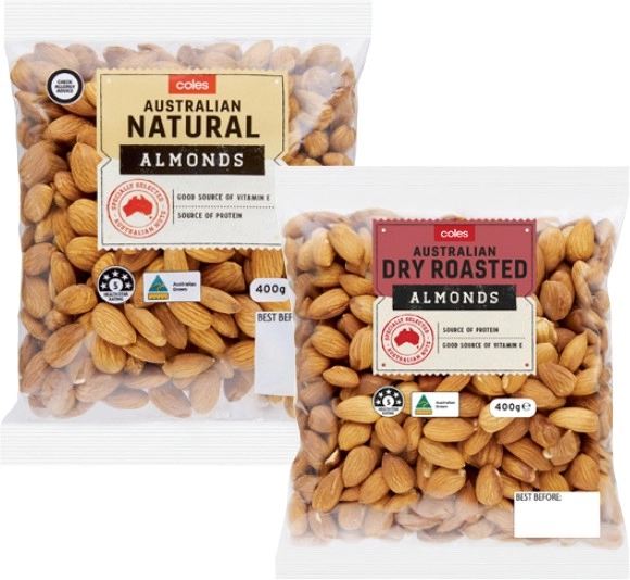 Coles Dry Roasted, Natural or Smoked Almonds 400g Pack