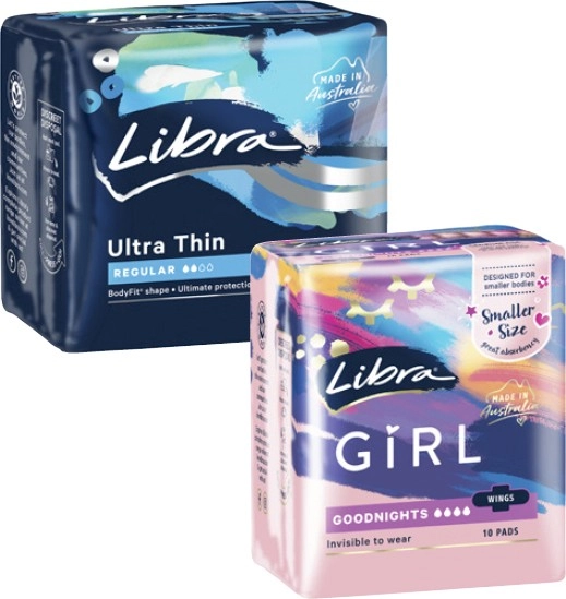 Libra Ultra Thin Regular Pads with Wings 14 Pack or Girl Goodnight Pads with Wings 10 Pack