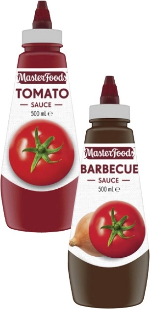 MasterFoods Squeeze Tomato or Barbecue Sauce 475mL-500mL